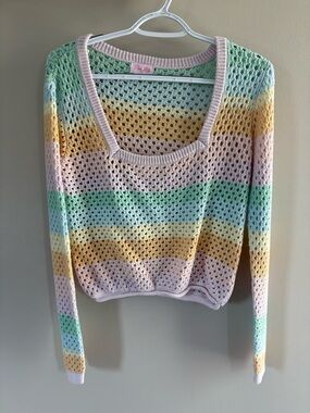 Pink Lily Pastel Striped Open-Knit Sweater - Pink, Green, Yellow, Blue